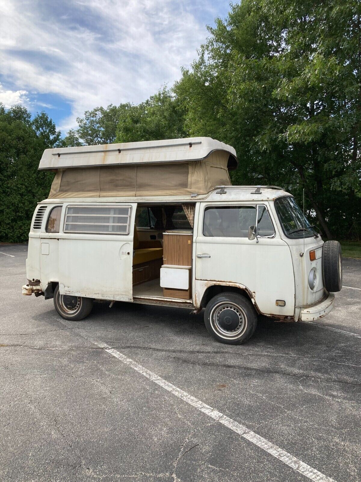 Classic Volkswagen Bulli pop-top camper van built up to life size