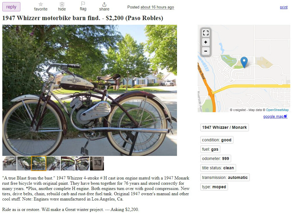 Whizzer motorbike deals for sale craigslist