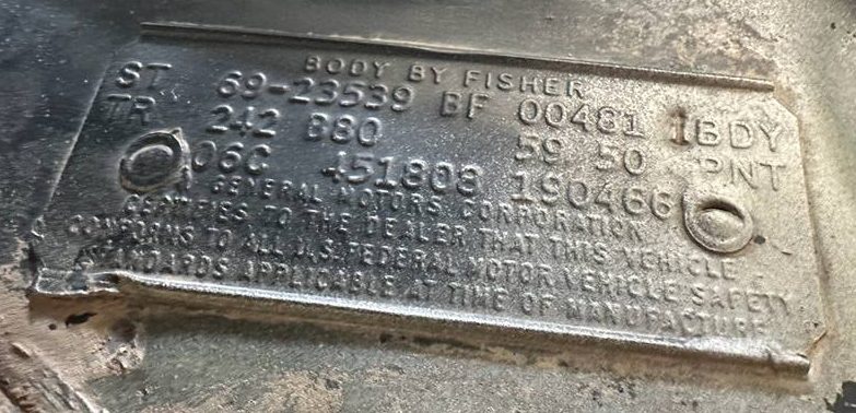 Data plate on a 1969 Pontiac Tempest Custom S